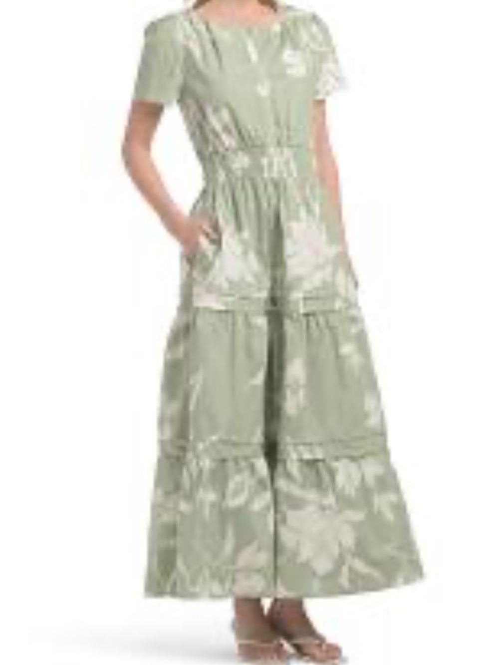 Tahari ASL Floral Tiered Short-Sleeve Maxi Dress in Sage size medium